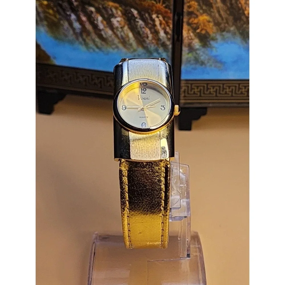 Vtg VIVIANI Gold Tone Watch With Gold Leather Band New Battery FREE $HIPPING!!